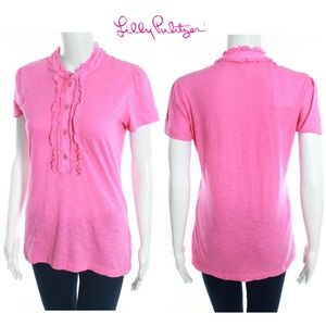 Lilly Pulitzer Pink Ruffle Crew Neck Button Knit